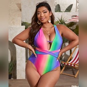 Shein Curve Rainbow Ombre Tie Back One Piece Swimsuit
